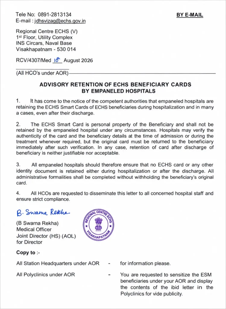 "ECHS card retention by hospitals advisory letter Visakhapatnam"